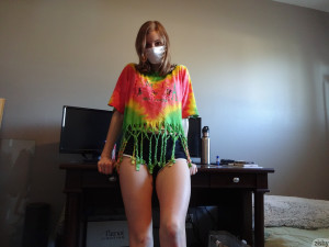 Real amateur quarantined cutie shows her natural hairy pussy wearing a face mask