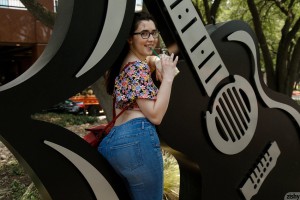Bookish cutie in glasses Ophelia Palantine teases in jeans and a skimpy top in public