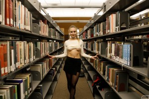 Sensual vixen Isabella Herzog teasing in the library and at home in her sheer hose and showing her breasts