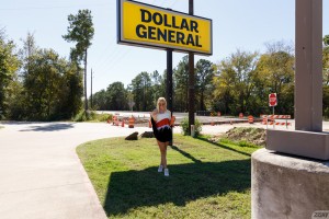 Cute blonde coed Luna Fey showing her panties up her skirt at dollar general