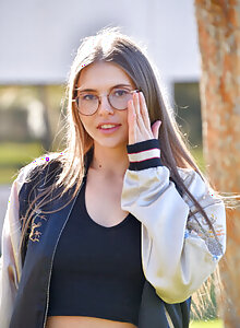 Campus cutie in glasses Ellicia bends over and spreads in public