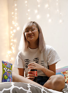 Little Asian play thing Barbie Qu wearing glasses and playing in her undies