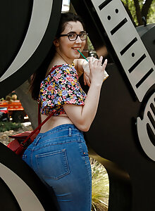 Bookish cutie in glasses Ophelia Palantine teases in jeans and a skimpy top in public
